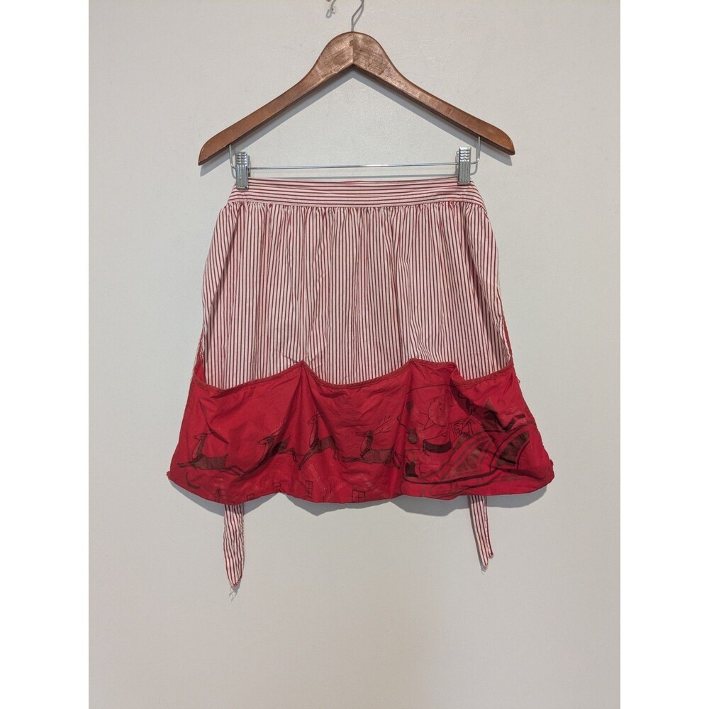 Vintage 50s Retro Xmas Santa Sleigh Half Apron Red Striped Big Pockets Reindeer